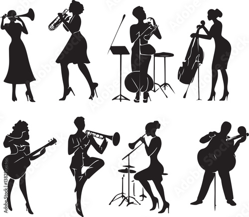 "Elegant Guitarist Silhouettes" or "Musical Princesses with Guitars
