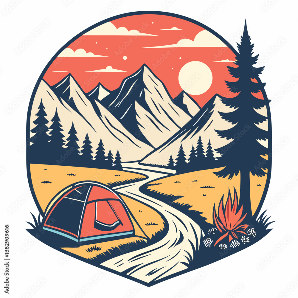 Camping Adventure Vector Illustration With Tent Mountain And Forest Scenery Camping Adventure Vector Illustration With Tent Mountain And Forest Scenery