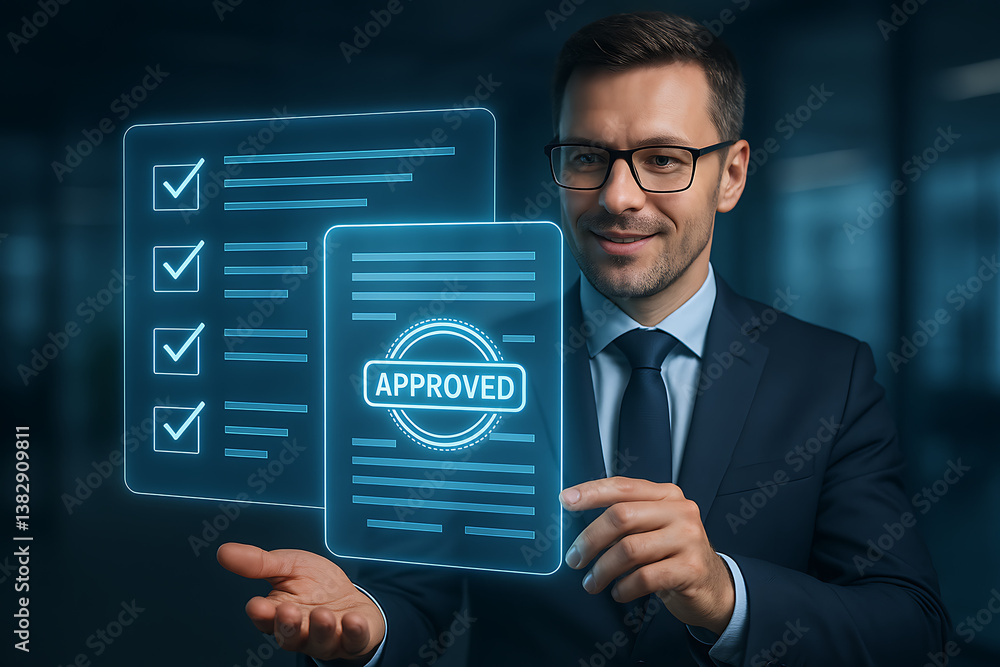 smiling businessman approving digital contract with virtual checklist hologram document validation electronic signature process and secure online business agreement confirmation smiling businessman approving digital contract with virtual checklist hologram document validation electronic signature process and secure online business agreement confirmation