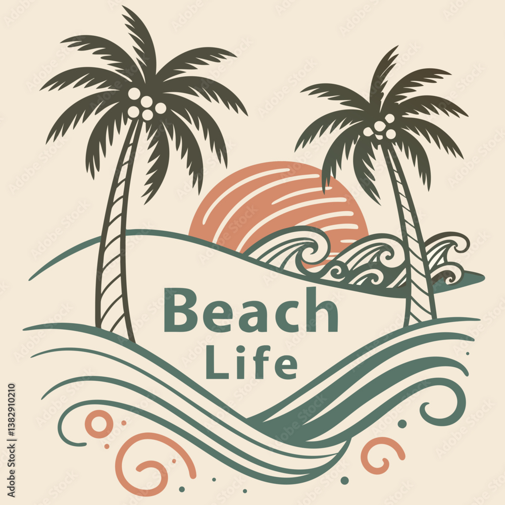 Naklejka premium Beach Life Tropical Paradise With Palm Trees And Sunset Illustration