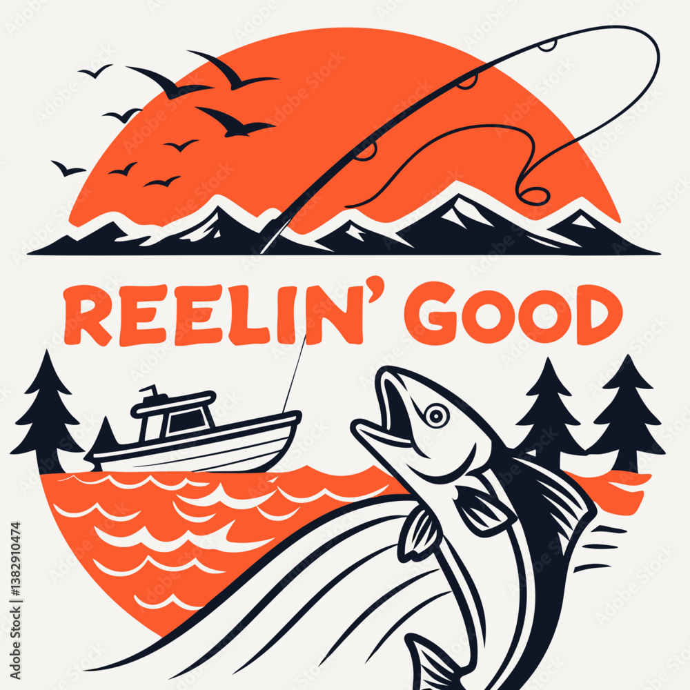 Fototapeta premium Fishing Adventure Illustration Featuring Jumping Fish Boat Mountains And Trees Design