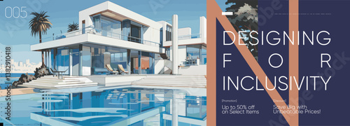 Modern luxury building with glass facades overlooking a pool and ocean view. Promotes inclusivity and sleek architectural design, emphasizing innovation and style.