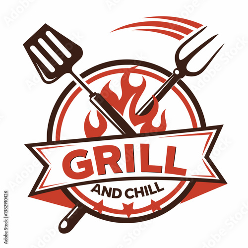 Grill And Chill Emblem With Utensils And Fire For Bbq Celebration Design