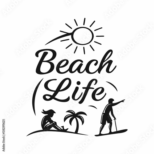 Beach Life Vector Design With Sun Palm Trees And People