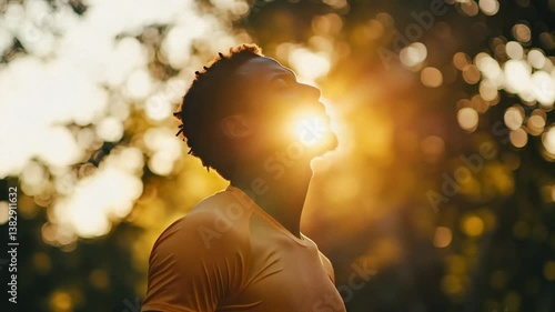 A man wearing a yellow shirt stands quietly in a sunlit forest, taking in the calming atmosphere as warm sunlight filters through the trees during the evening.