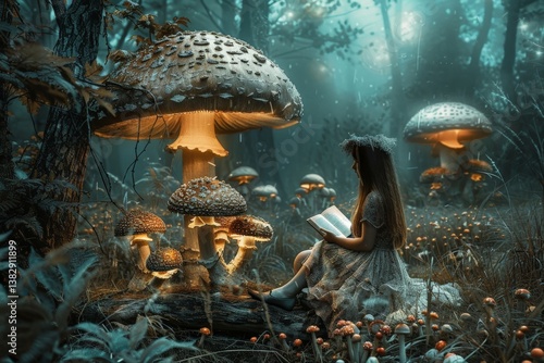 Young girl reading in a magical forest with oversized glowing mushrooms during twilight hours