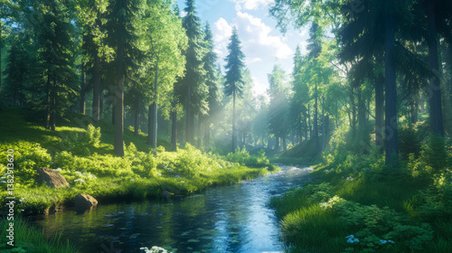 Idyllic Stream Scenery: Serene Woodland Creek with Sunlit Forest Canopy for Nature Lovers