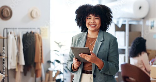 Photos Fashion, woman and portrait with tablet for supply chain, business management and stock for ecommerce