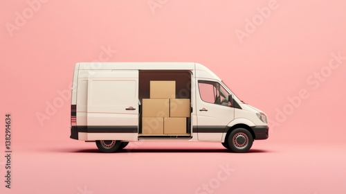 White delivery van full of cardboard boxes on pink background