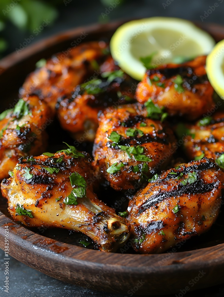 Grilled chicken drumsticks garnished with lime and herbs on wooden platter Generative AI Grilled chicken drumsticks garnished with lime and herbs on wooden platter Generative AI