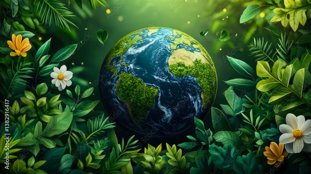 Concept: Earth Day. A flourishing earth surrounded by vibrant flora, symbolizing growth, sustainability, and environmental consciousness. Concept: Earth Day. A flourishing earth surrounded by vibrant flora, symbolizing growth, sustainability, and environmental consciousness.