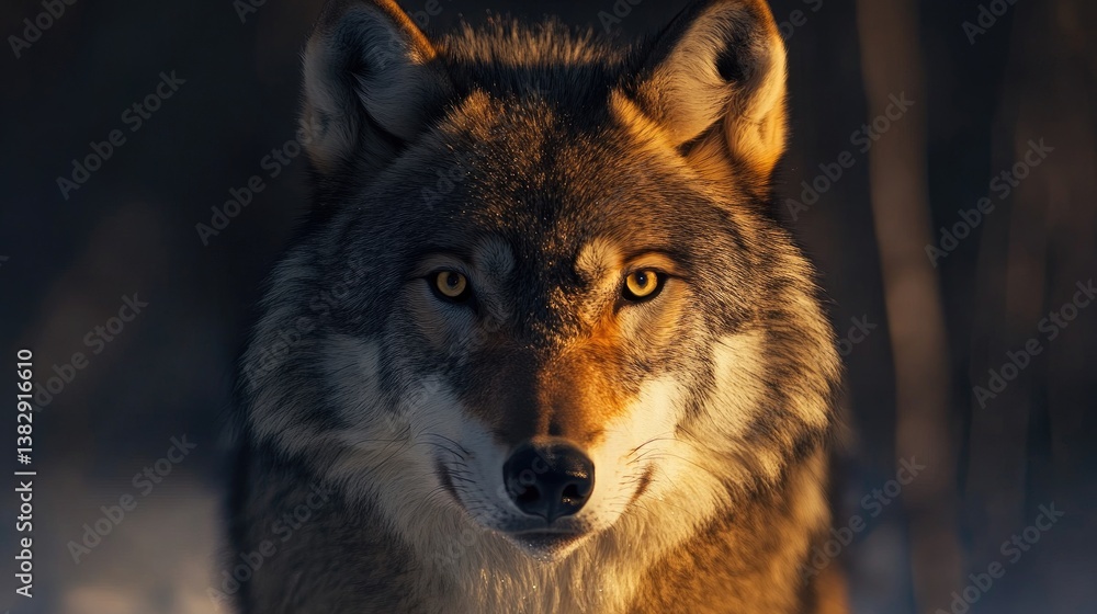 Fototapeta premium Close Up of Wolf in the Wild with Glowing Yellow Eyes
