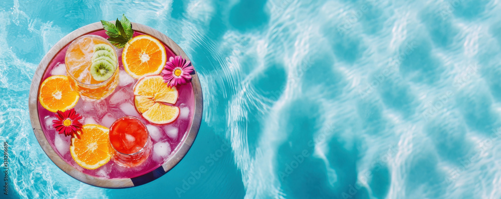 Stunning Floating Tray with Colorful Tropical Cocktails in a Pool – Perfect for Luxury Travel, Summer Getaways, Resort Promotions, and Vacation Lifestyle Campaigns. Copy space Stunning Floating Tray with Colorful Tropical Cocktails in a Pool – Perfect for Luxury Travel, Summer Getaways, Resort Promotions, and Vacation Lifestyle Campaigns. Copy space