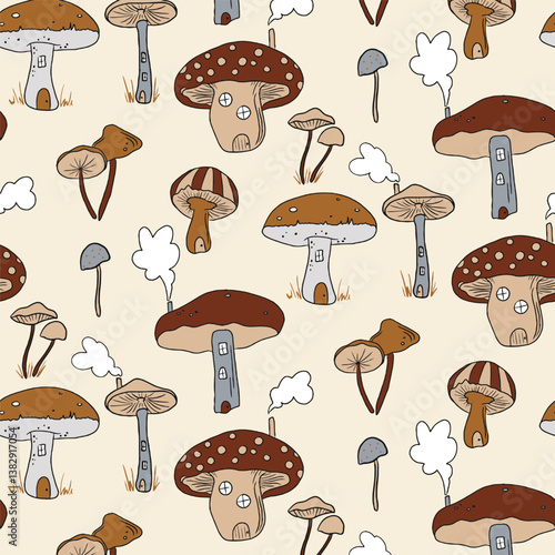 Mushroom pattern with cute mushroom houses. warm autumn colors on soft yellow background. Fairytale mushrooms, magic autumn