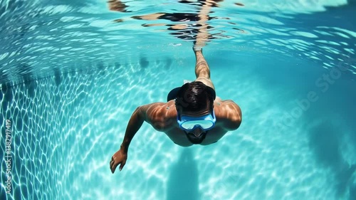 A swimmer glides effortlessly through the clear blue water of a swimming pool, showcasing skills and technique. The sunlit atmosphere enhances the refreshing experience of swimming.