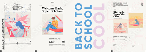 Back to School. First day of school. Set of vector illustrations. People are reading a book. Typography poster design and vectorized watercolor illustrations on a background.