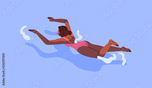 African American girl in swimsuit is swimming in pool in summer. Swimmer has fun in water in sea resort on vacation. Happy floating black woman in ocean top view. Flat isolated vector illustration