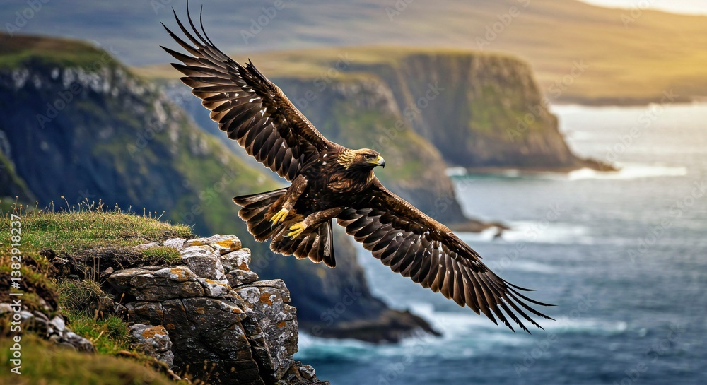 A Majestic Golden Eagle Spreads Its Immense Wings as It Glides Over a Rugged Scottish Highland Cliffside, Its Golden-Brown Feathers Illuminated by the Last Rays of the Setting Sun_ A Majestic Golden Eagle Spreads Its Immense Wings as It Glides Over a Rugged Scottish Highland Cliffside, Its Golden-Brown Feathers Illuminated by the Last Rays of the Setting Sun_