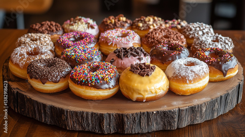 Wallpaper Mural Glazed Donuts with Sprinkles and Chocolate Toppings on a Wooden Board Torontodigital.ca