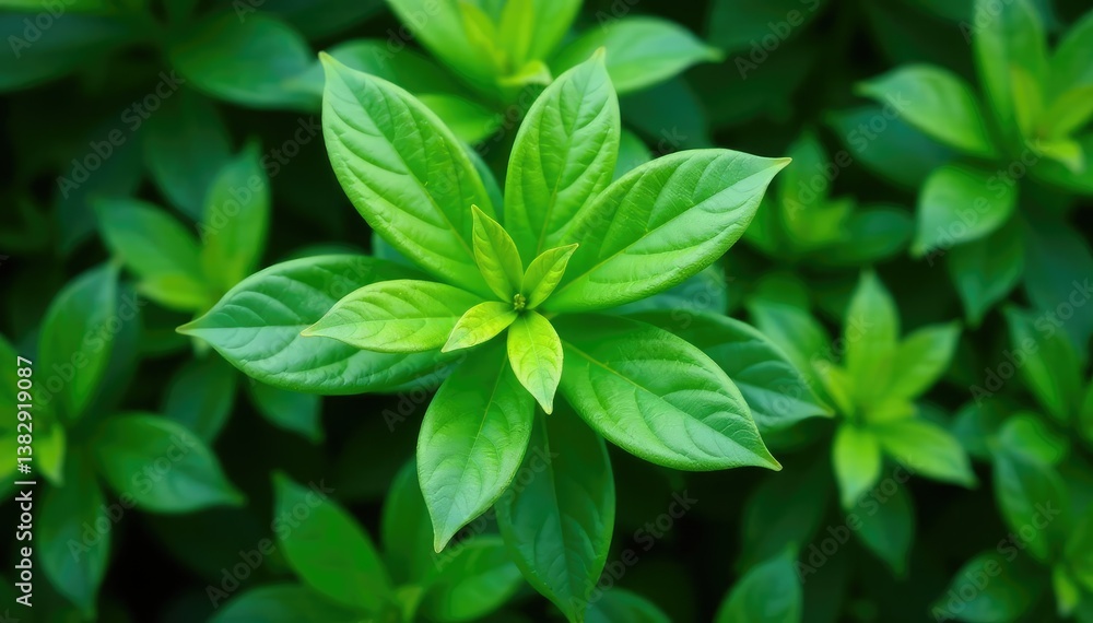 Symmetrical leaf arrangement on a plant, showcasing natural repetition, green, summer, details Symmetrical leaf arrangement on a plant, showcasing natural repetition, green, summer, details