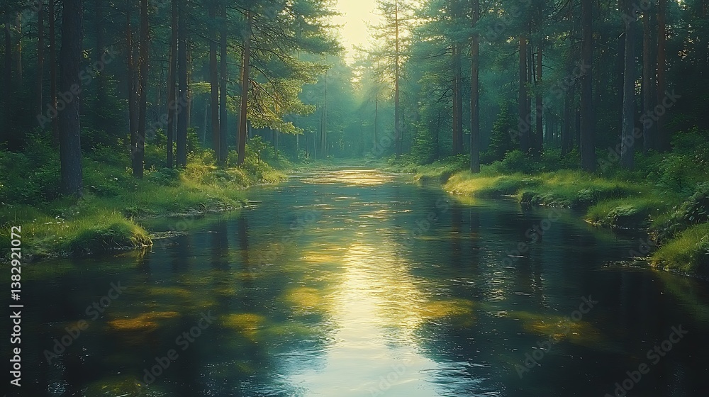 Majestic forest river with sun shining through trees and clouds photo Majestic forest river with sun shining through trees and clouds photo