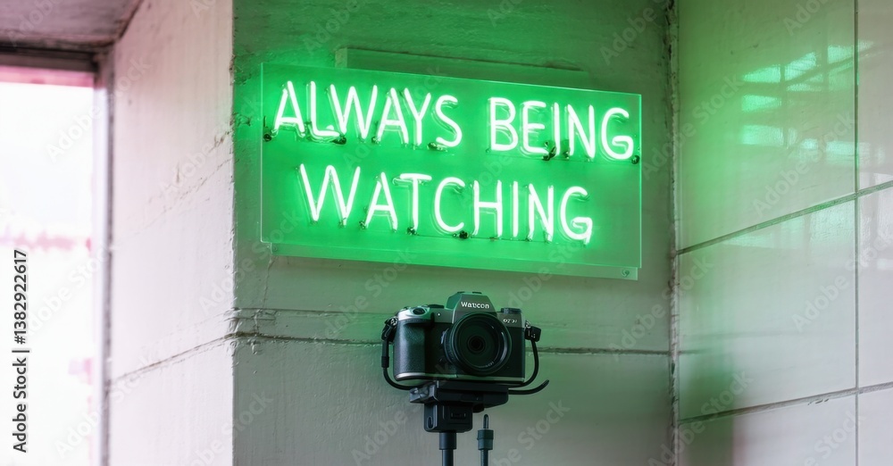 Bright green neon sign reads ALWAYS BEING WATCHING. Camera positioned below, suggesting surveillance or observation. Minimalist aesthetic, modern art installation.