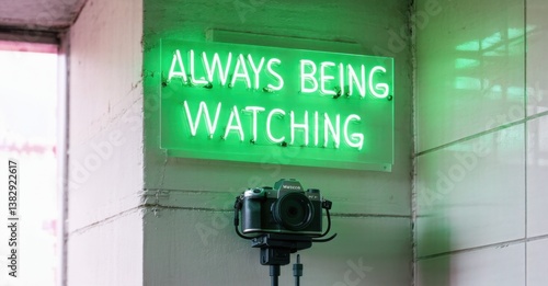Obraz na płótnie Bright green neon sign reads ALWAYS BEING WATCHING. Camera positioned below, suggesting surveillance or observation. Minimalist aesthetic, modern art installation. w salonie