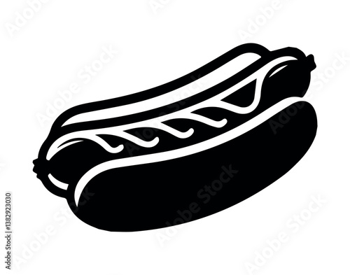 Black and White Hot Dog Silhouette with Mustard. A bold and simple black and white illustration of a hot dog with mustard, representing fast food and casual dining.