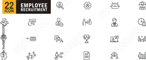 Employee recruitment editable outline icon set. Hiring, job search, HR, talent acquisition, career growth and more.
