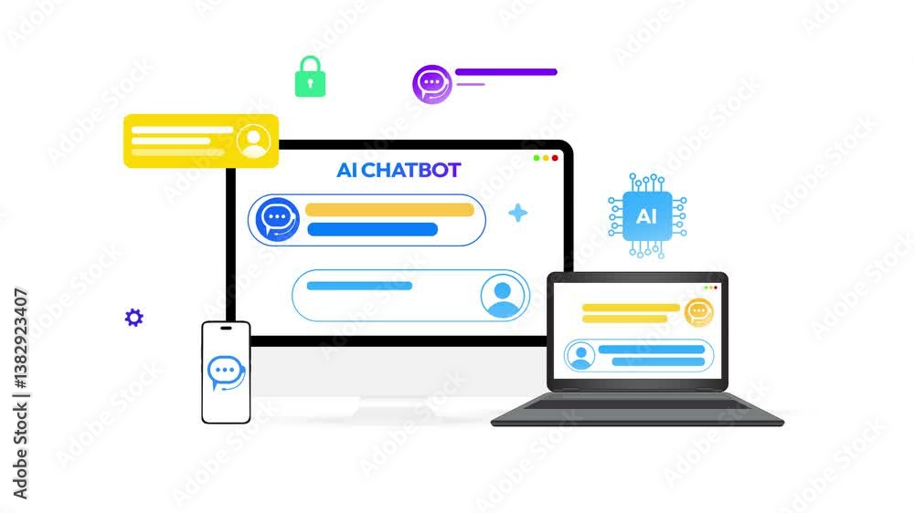 Ai chatbots and assistants on multiple devices with floating shapes, 4k animation. Artificial intelligence assistant, smartphone, computer, ai help. Ai chatbots and assistants on multiple devices with floating shapes, 4k animation. Artificial intelligence assistant, smartphone, computer, ai help.