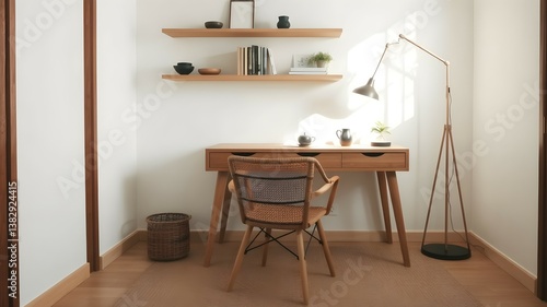 Stylish Japandi home office with natural wood furniture, minimalist decor, and warm lighting. A serene, clutter-free workspace blending Scandinavian and Japanese aesthetics for a cozy yet modern feel