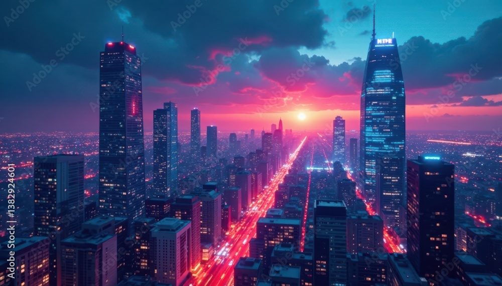 Fototapeta premium Digital cityscape with neon lights and futuristic skyscrapers at dusk , architecture, technology
