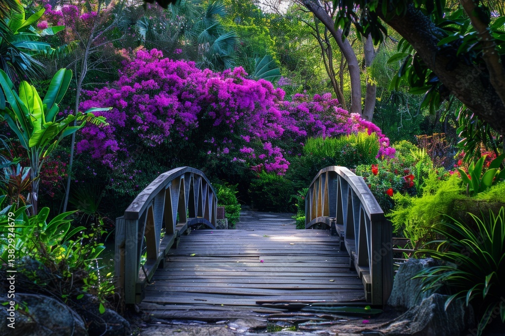 Serene wooden bridge in a vibrant garden with blooming bougainvillea and lush greenery Serene wooden bridge in a vibrant garden with blooming bougainvillea and lush greenery