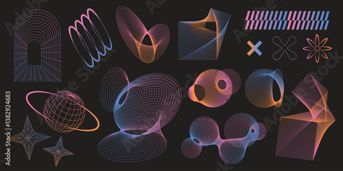 Collection of abstract geometric wireframe shapes. Colorful modern brutal forms and figures on black background. Y2k design aesthetic. Decorative design elements. Vector illustration.
