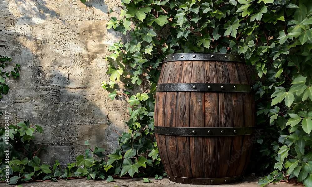 Rustic barrel stands against a leafy stone wall, bathed in sunlight. Green vines add a natural feel Rustic barrel stands against a leafy stone wall, bathed in sunlight. Green vines add a natural feel