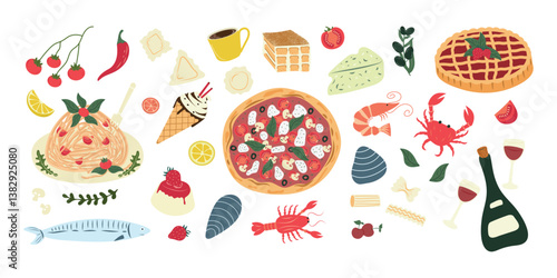 A hand-drawn illustration of a set of Italian dishes. Delicious food and hot drinks. Vector flat illustration