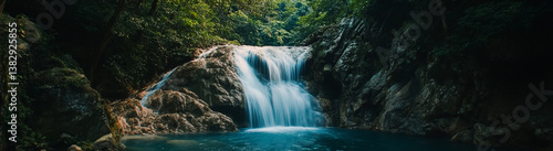 Scenic view of a beautiful waterfall in the tropical forest