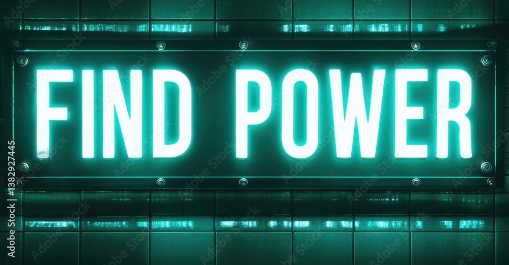 Bright glowing sign find power in teal and white tones bold letters above textured tiles with glowing screws and reflection Bright glowing sign find power in teal and white tones bold letters above textured tiles with glowing screws and reflection