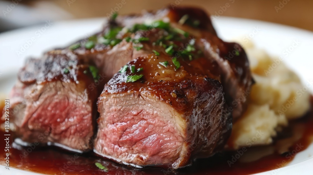 A delectable meat dish is elegantly presented on a plate, set on a table. A delectable meat dish is elegantly presented on a plate, set on a table.