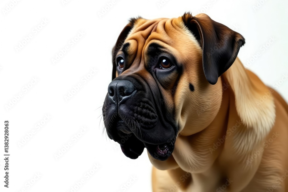 Fototapeta premium Imposing mastiff, attentive gaze, pure white backdrop, guard, pet