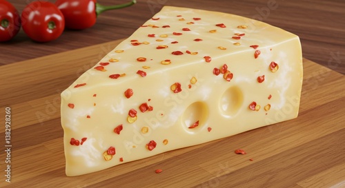 A wedge of cheese with holes and red pepper flakes on a wooden board with chili peppers nearby