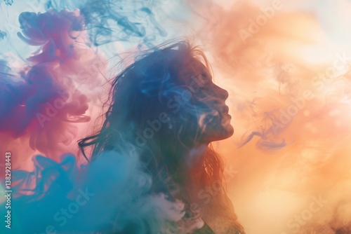 Young woman standing in colorful smoke, highlighting creativity and emotion at sunset in an artistic outdoor setting