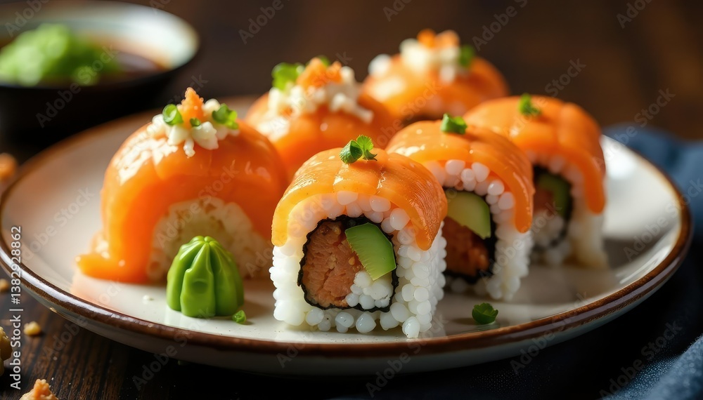 Various sushi rolls on a plate, soy sauce, wasabi, ginger, white, fresh, shrimp Various sushi rolls on a plate, soy sauce, wasabi, ginger, white, fresh, shrimp