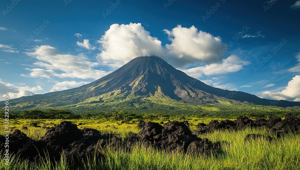 Fototapeta premium Majestic Volcano Rises Above Lush Green Landscape Under a Blue Sky with Puffy Clouds