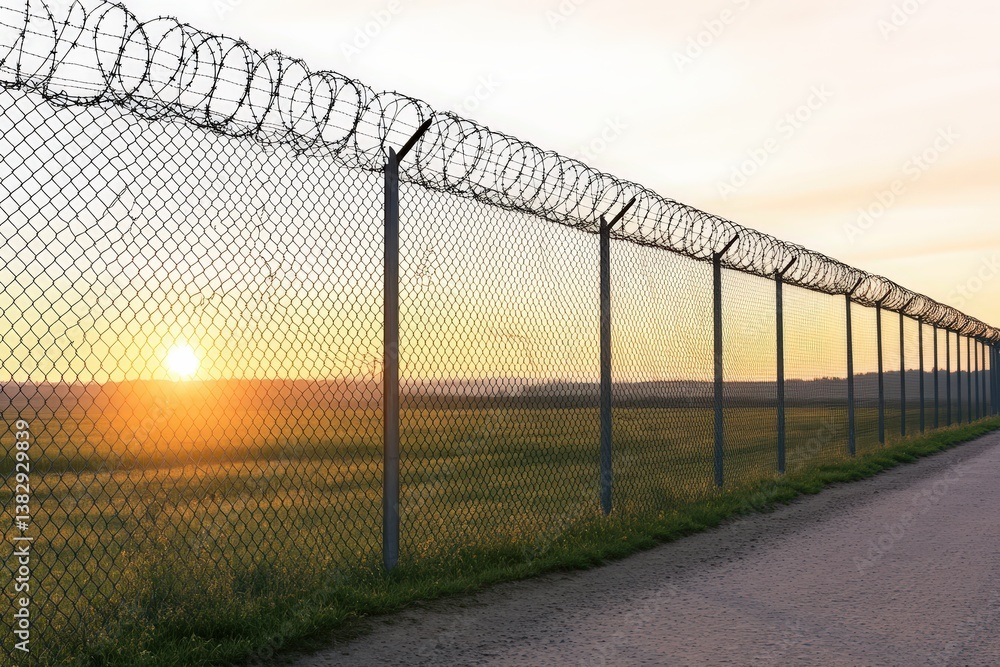 A chain-link fence topped with barbed wire stretches across a field, bathed in warm sunset light, creating a stark boundary in a tranquil landscape. A chain-link fence topped with barbed wire stretches across a field, bathed in warm sunset light, creating a stark boundary in a tranquil landscape.