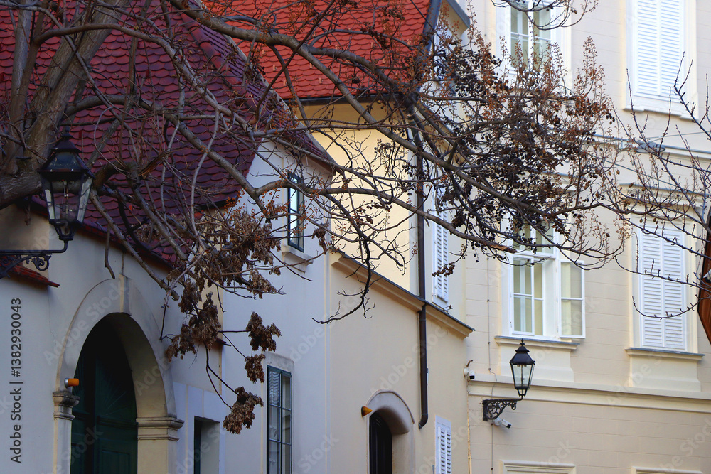 Colorful historic buildings in central Zagreb, Croatia.