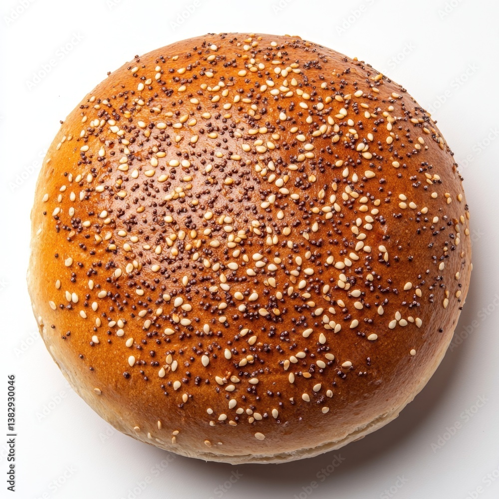 Golden sesame bun on white background showcases bakery artistry with a warm inviting tone and overhead shot Golden sesame bun on white background showcases bakery artistry with a warm inviting tone and overhead shot