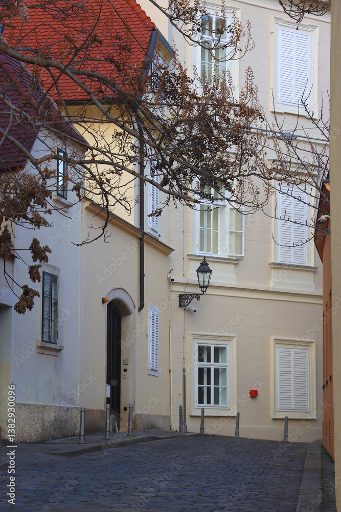 Colorful historic buildings in central Zagreb, Croatia.
