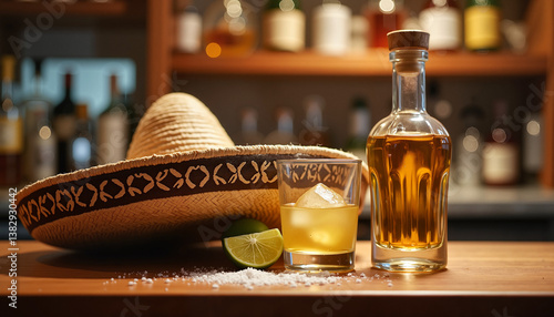 Sombrero with tequila bottle, lime, and salt on bar counter