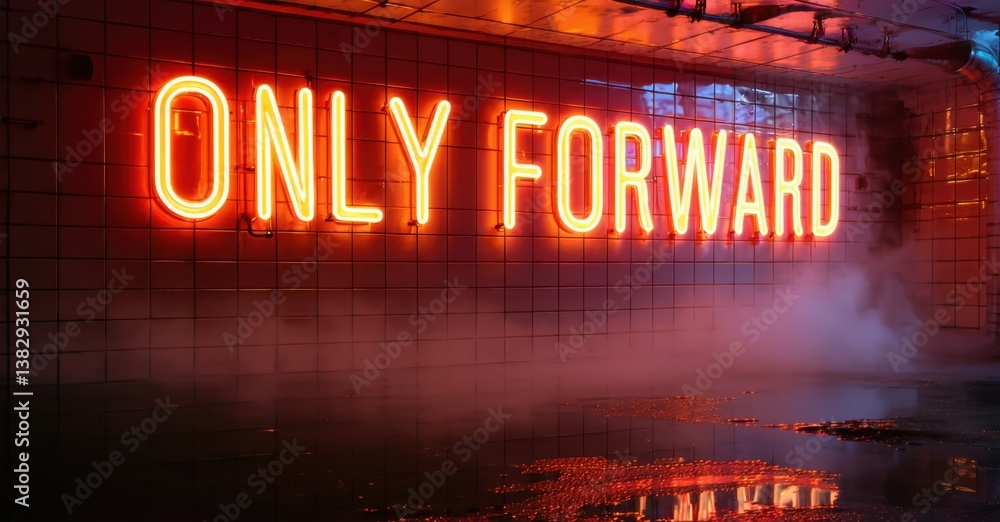 Fototapeta premium Massive glowing only forward in red and orange neon heavy font over wall tiles with electric mist and puddle details